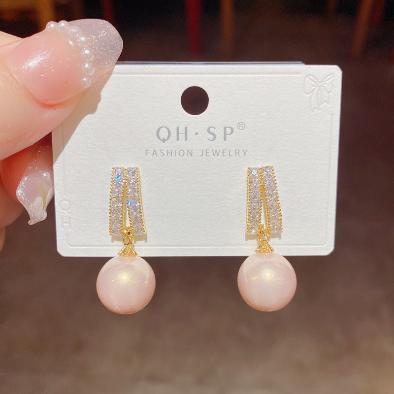 Pearl Pendant Earrings with Zircon for Women 9mm