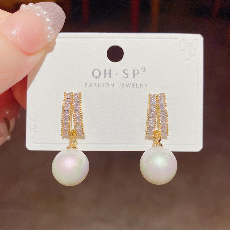 Pearl Pendant Earrings with Zircon for Women 9mm