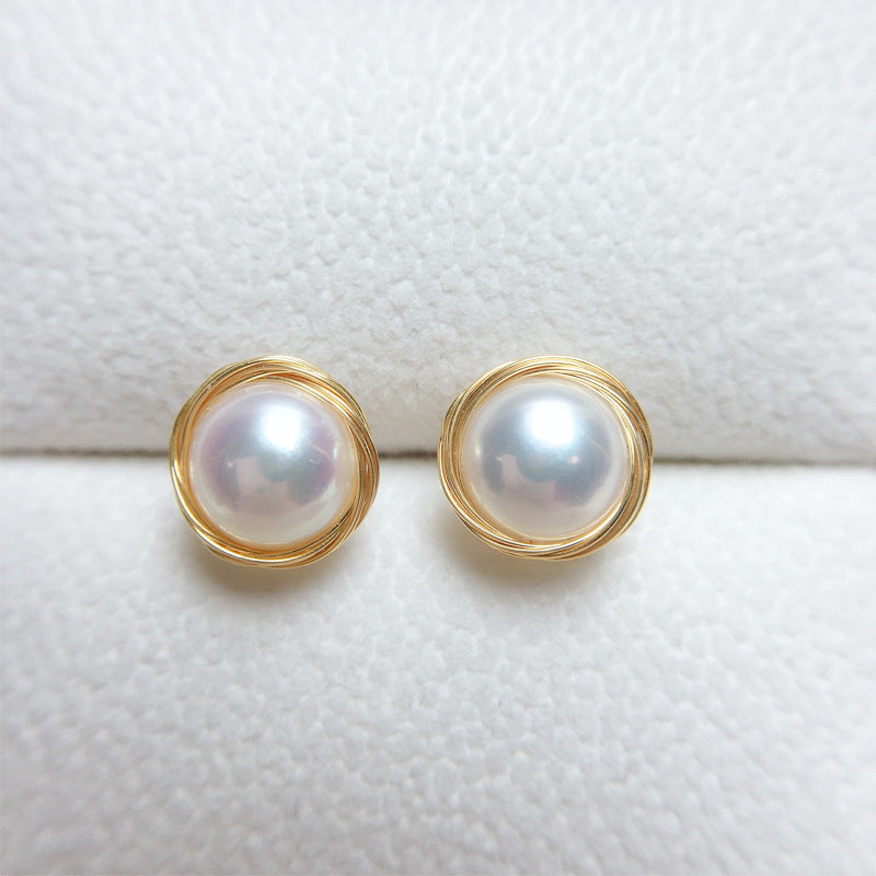 Stud 14K Gold Plated Woven Freshwater Pearl Earrings 8mm