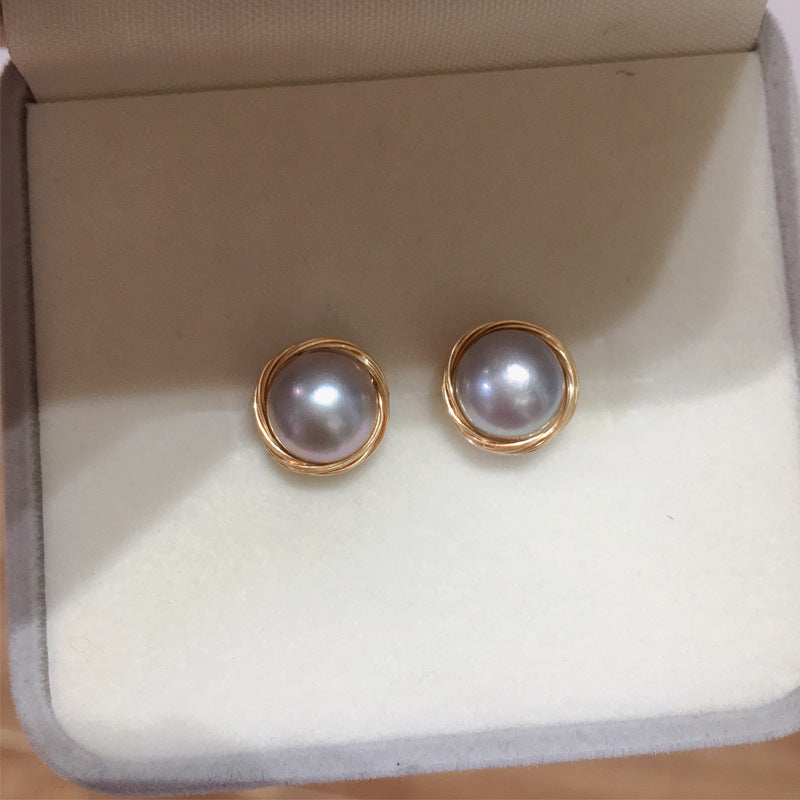 Stud 14K Gold Plated Woven Freshwater Pearl Earrings 8mm
