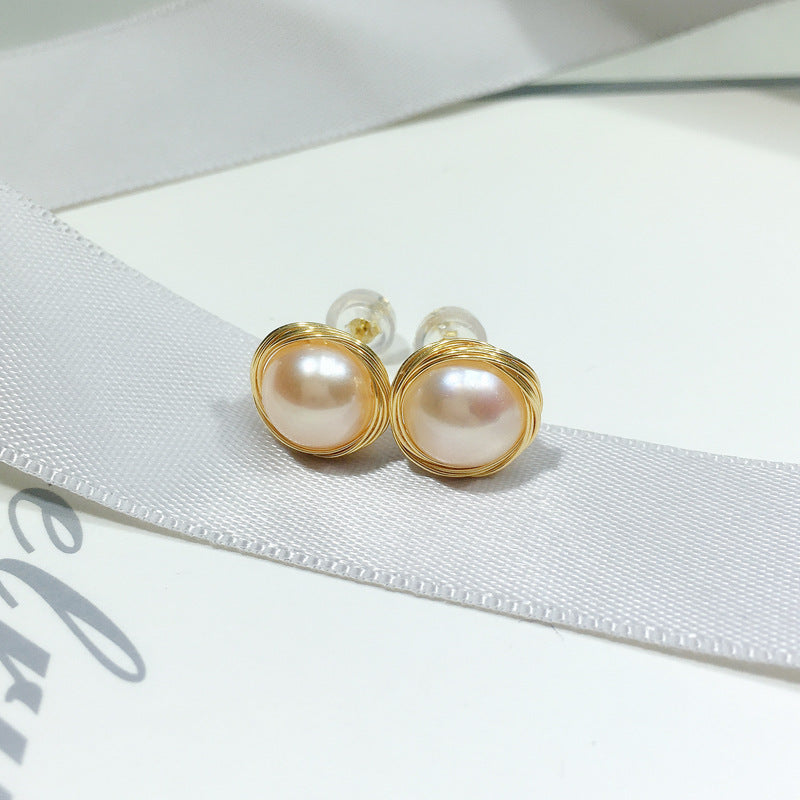 Stud 14K Gold Plated Woven Freshwater Pearl Earrings 8mm