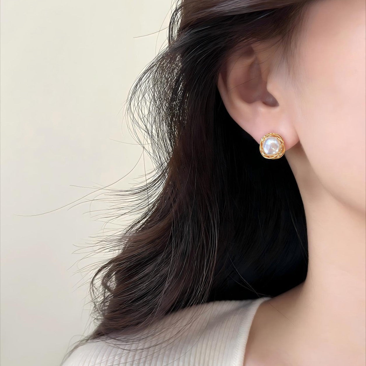 Stud 14K Gold Plated Woven Freshwater Pearl Earrings 8mm