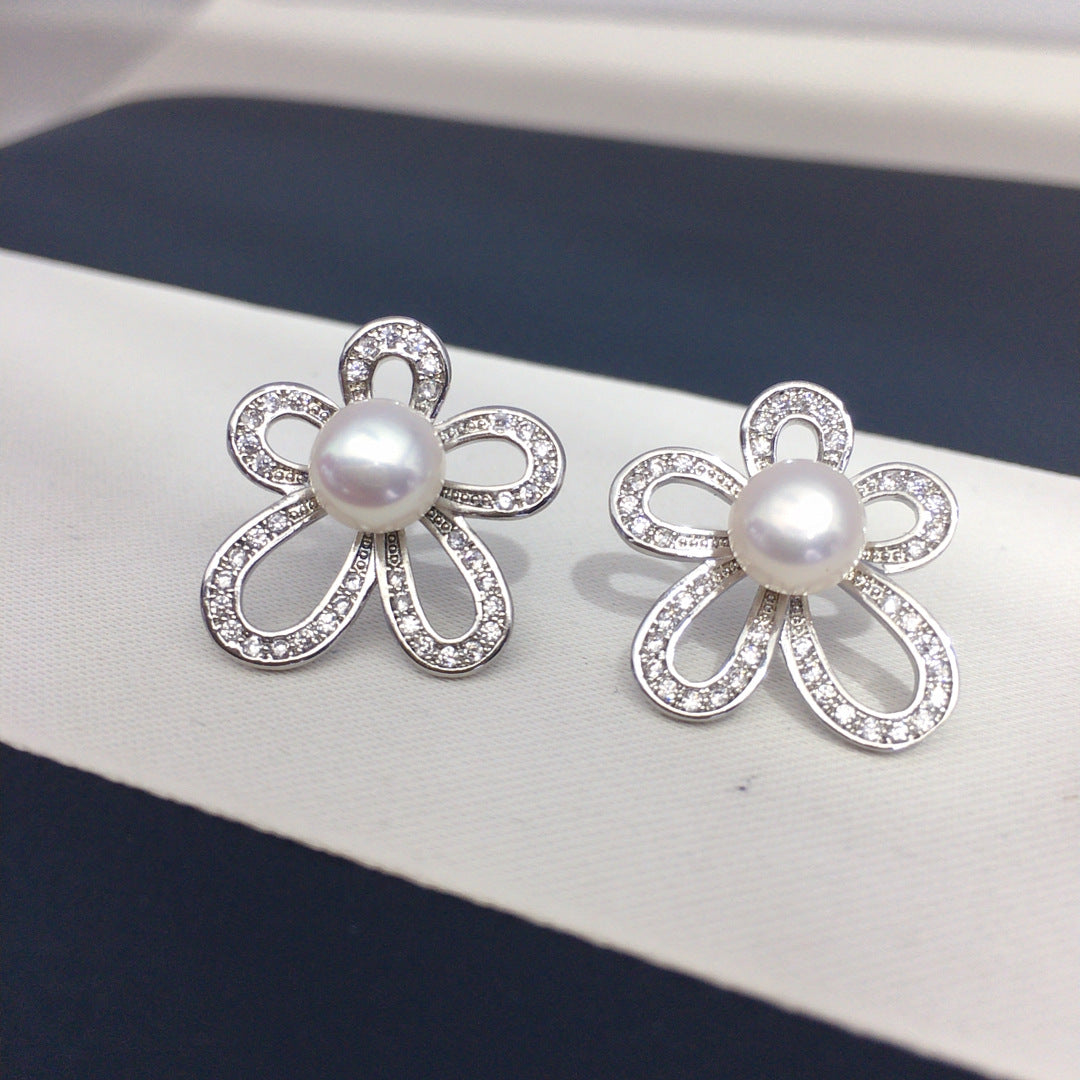 Flower S925 Sterling Silver Natural Freshwater Pearl Earrings