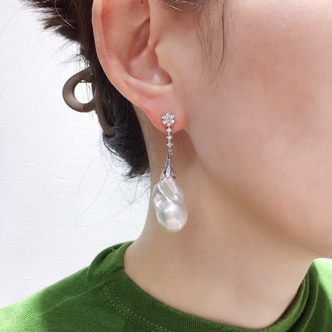 Baroque S925 Sterling Silver Natural Freshwater Pearl Earrings #066