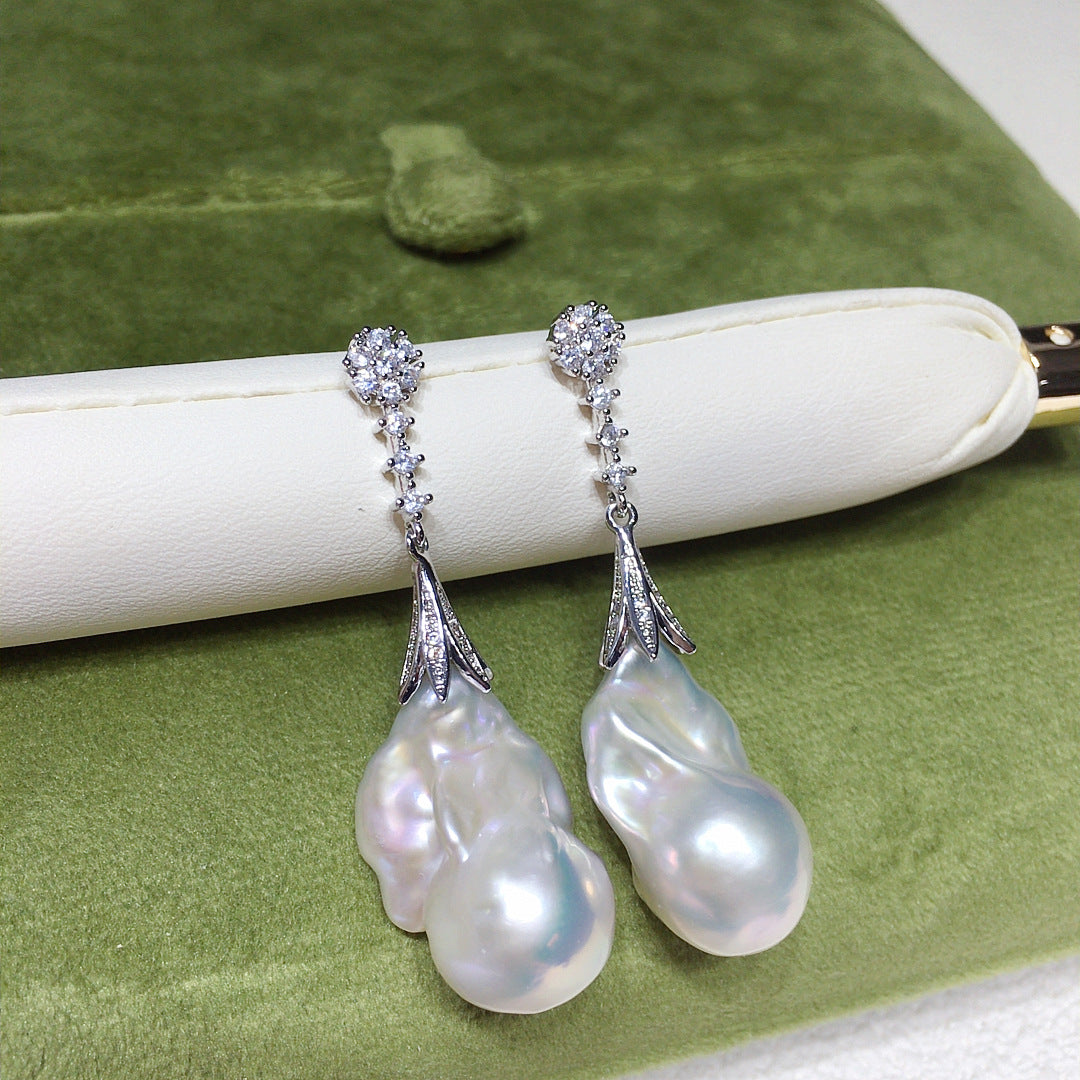 Baroque S925 Sterling Silver Natural Freshwater Pearl Earrings #066