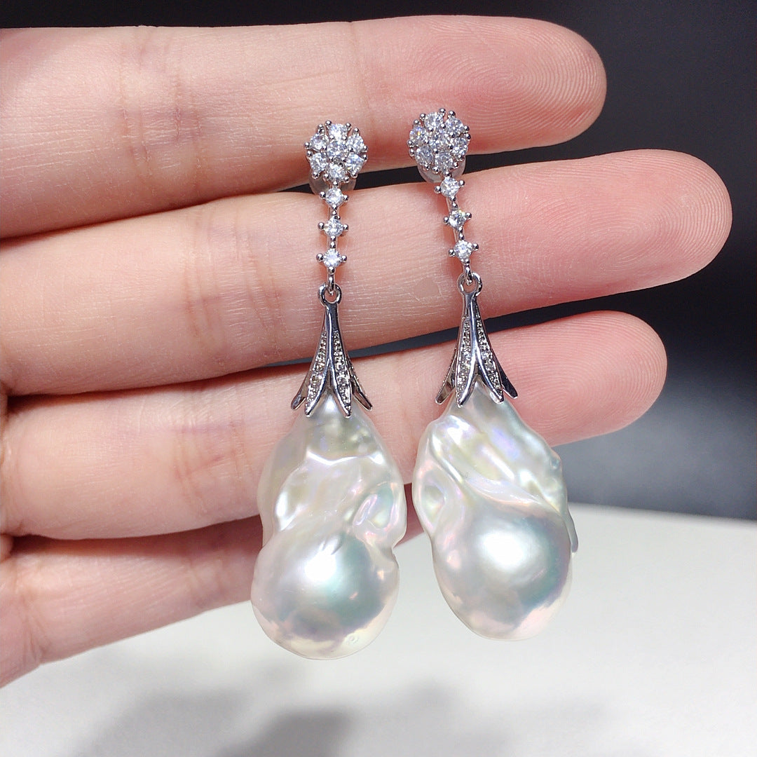Baroque S925 Sterling Silver Natural Freshwater Pearl Earrings #066