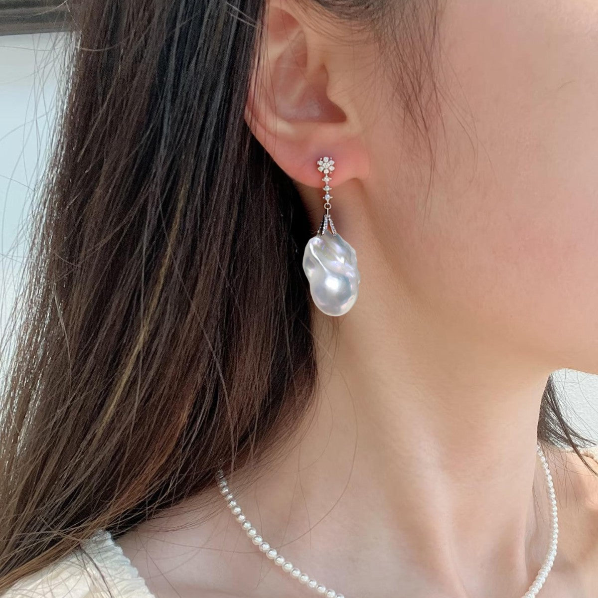 Baroque S925 Sterling Silver Natural Freshwater Pearl Earrings #066