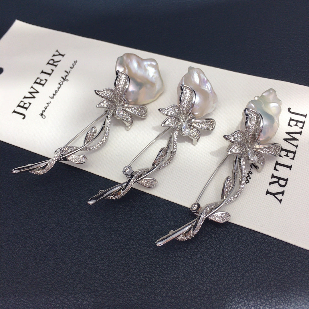 Sterling Silver Flower Pearl Brooch pin