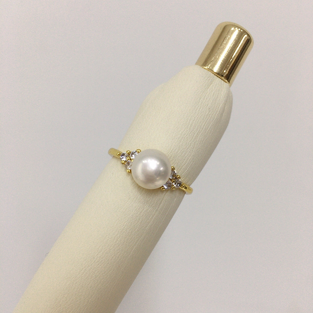 5A Grade Highlighted Natural Freshwater Pearl Ring 18K Gold Plated Micro-Pave Zircon Simple Pearl Ring