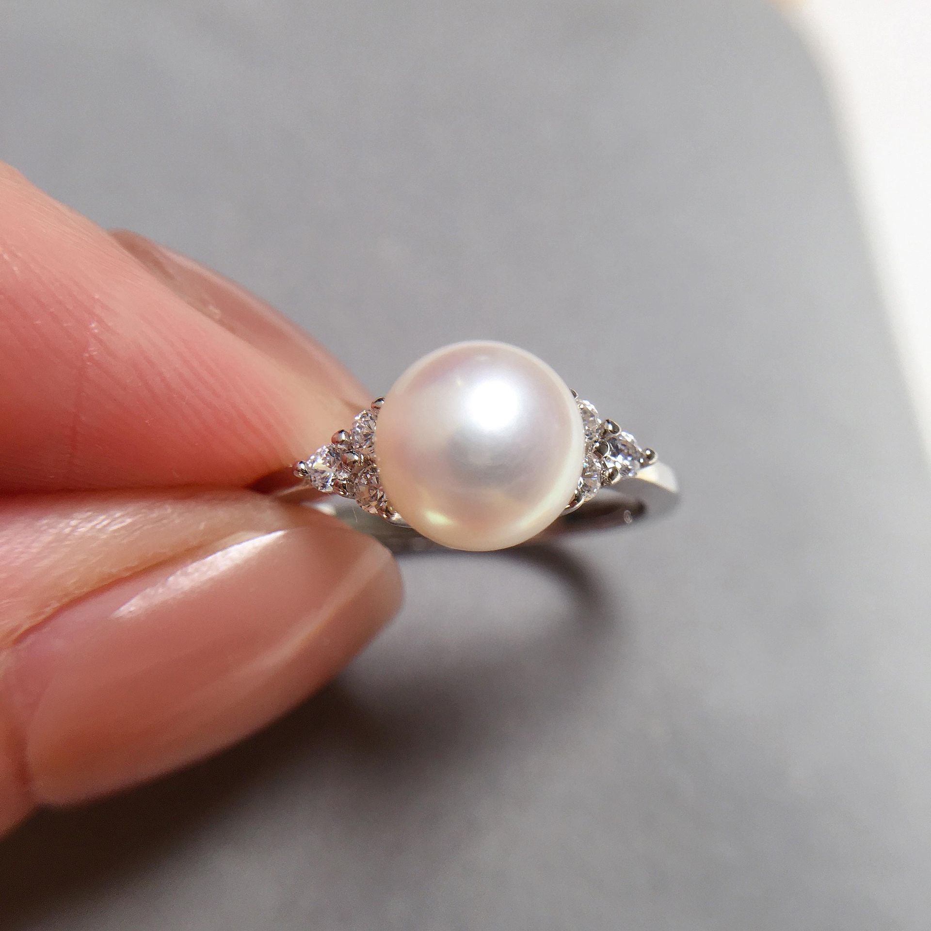 5A Grade Highlighted Natural Freshwater Pearl Ring 18K Gold Plated Micro-Pave Zircon Simple Pearl Ring