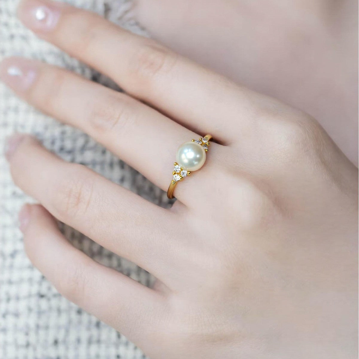 5A Grade Highlighted Natural Freshwater Pearl Ring 18K Gold Plated Micro-Pave Zircon Simple Pearl Ring