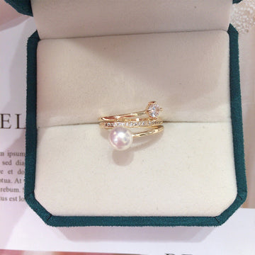 Natural Freshwater Pearl Ring with Gold Plating and Color Preservation, Fashionable and Simple Zircon Ring