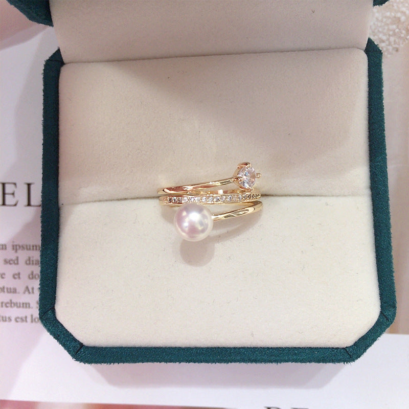 Natural Freshwater Pearl Ring with Gold Plating and Color Preservation, Fashionable and Simple Zircon Ring