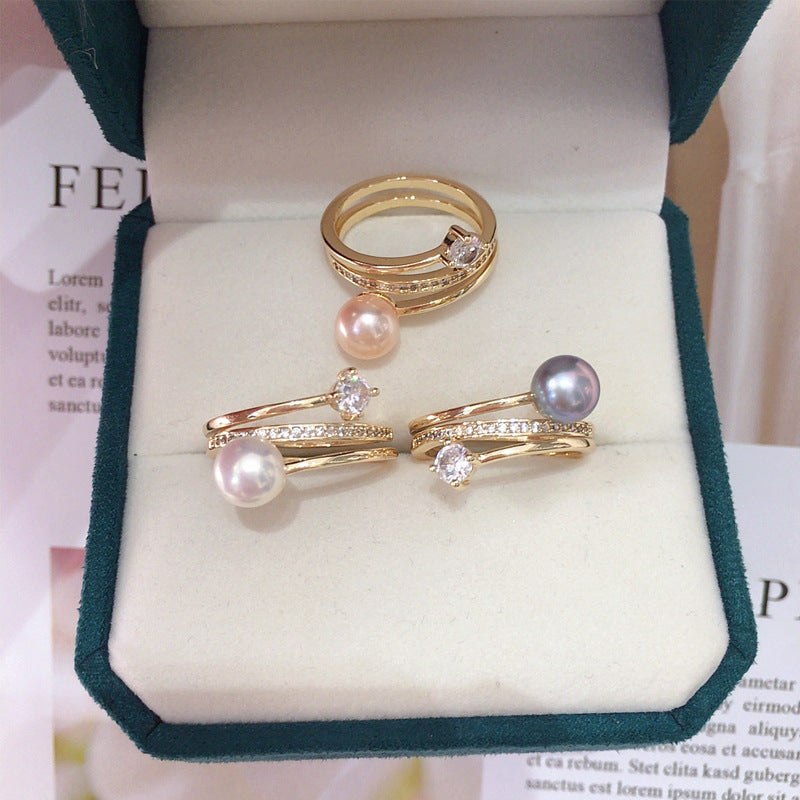 Natural Freshwater Pearl Ring with Gold Plating and Color Preservation, Fashionable and Simple Zircon Ring