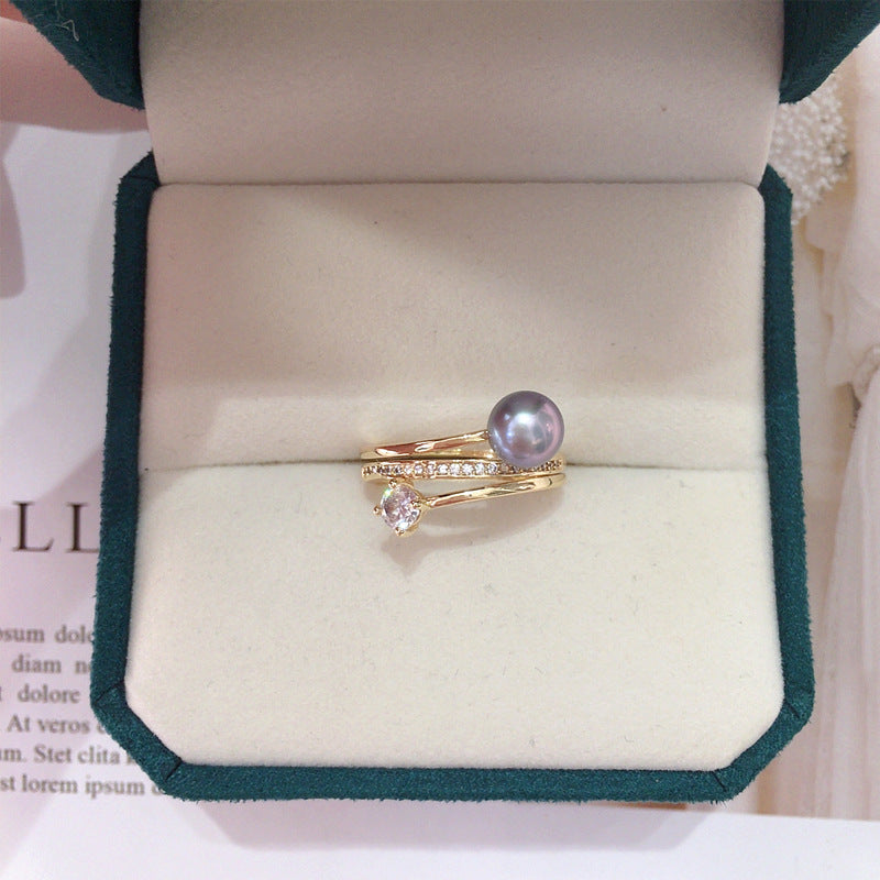 Natural Freshwater Pearl Ring with Gold Plating and Color Preservation, Fashionable and Simple Zircon Ring