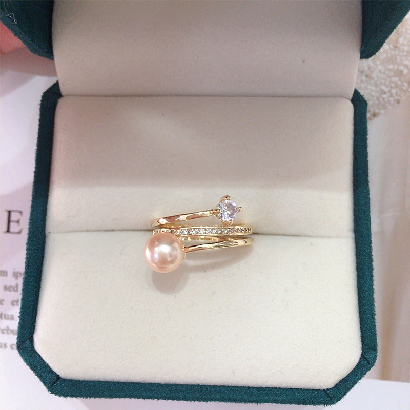 Natural Freshwater Pearl Ring with Gold Plating and Color Preservation, Fashionable and Simple Zircon Ring