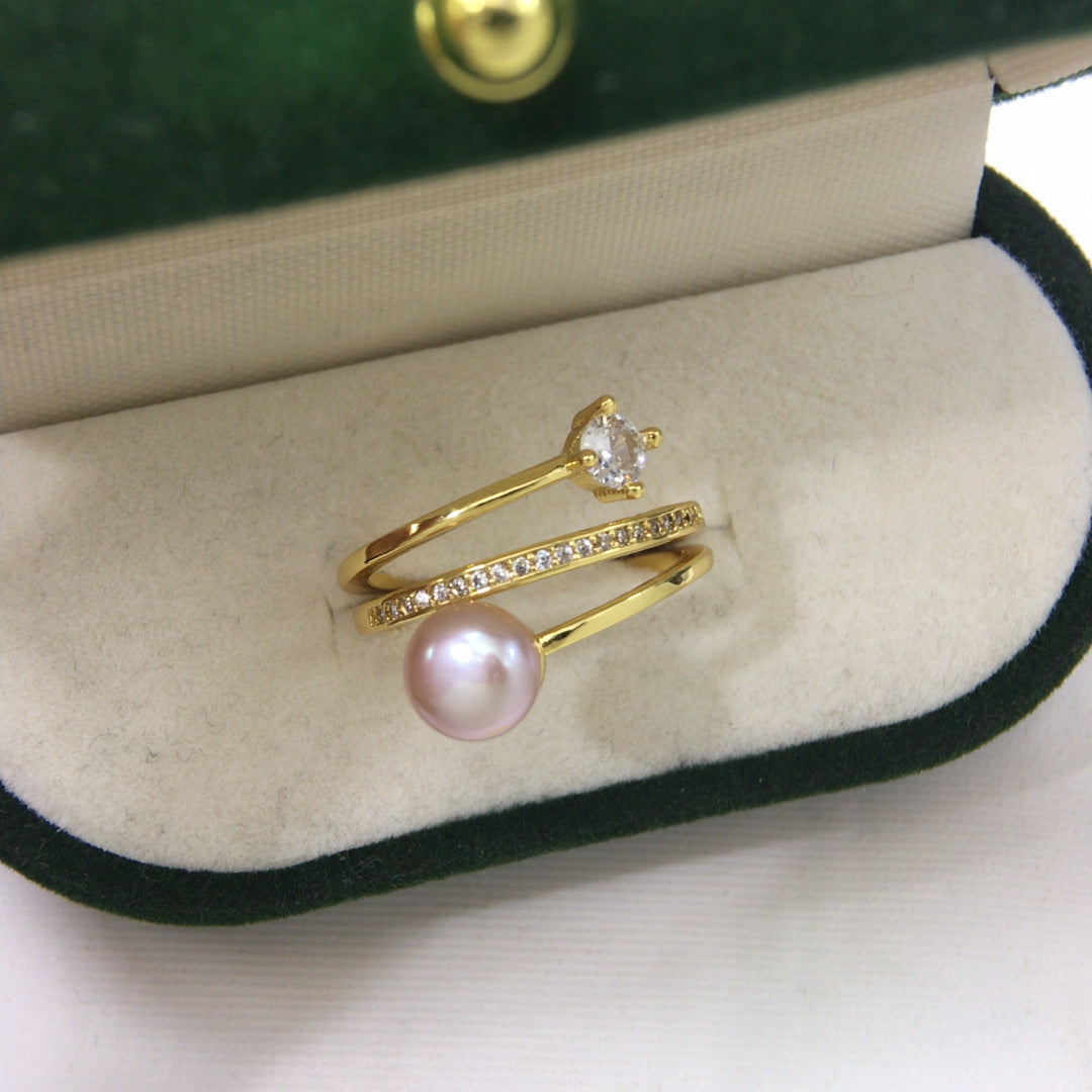 Natural Freshwater Pearl Ring with Gold Plating and Color Preservation, Fashionable and Simple Zircon Ring