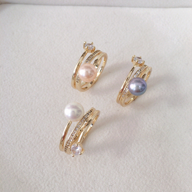 Natural Freshwater Pearl Ring with Gold Plating and Color Preservation, Fashionable and Simple Zircon Ring