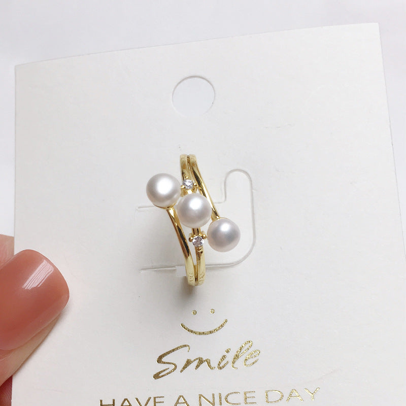 Natural freshwater mini pearl ring with white copper gold-plated 925 semi silver, fashionable and simple multi bead ring