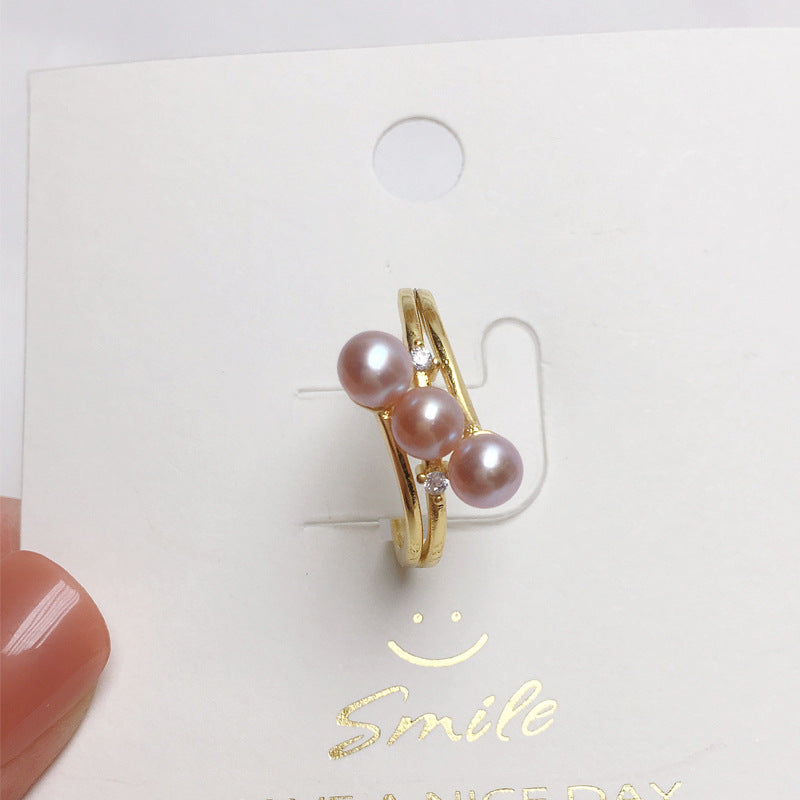 Natural freshwater mini pearl ring with white copper gold-plated 925 semi silver, fashionable and simple multi bead ring