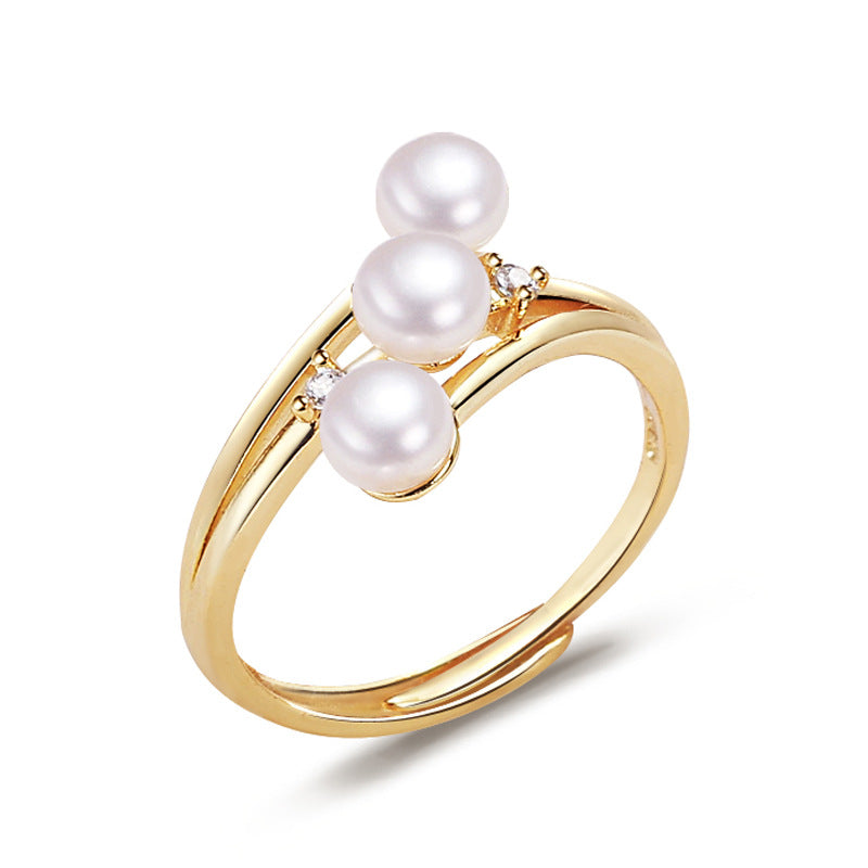 Natural freshwater mini pearl ring with white copper gold-plated 925 semi silver, fashionable and simple multi bead ring