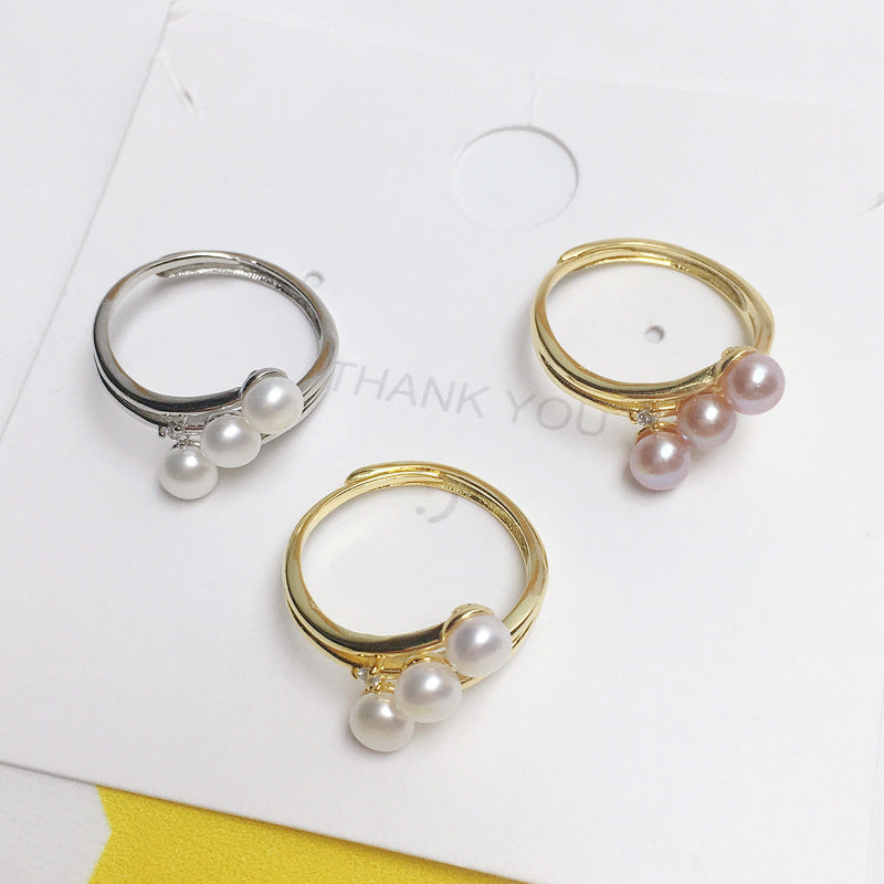 Natural freshwater mini pearl ring with white copper gold-plated 925 semi silver, fashionable and simple multi bead ring