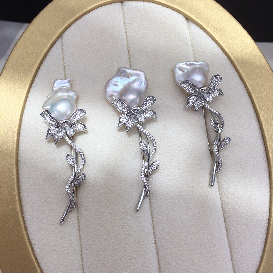 Sterling Silver Flower Pearl Brooch pin